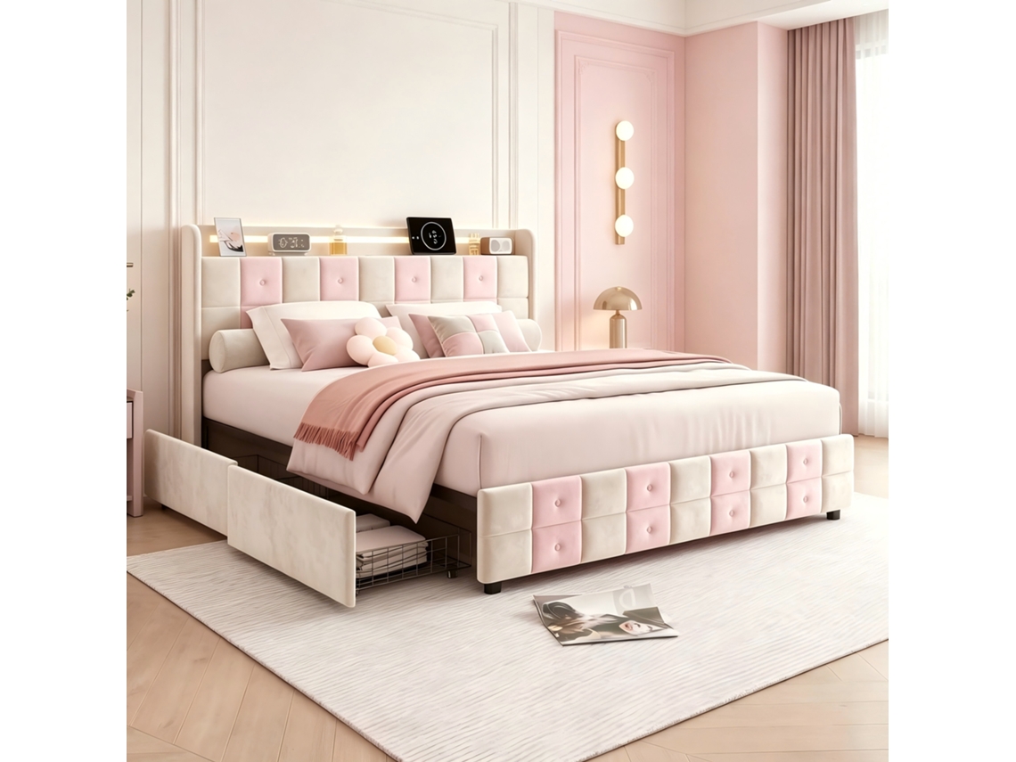 Cama 140x190 cm, ripas, 4 gavetas, luz LED, USB, xadrez branco rosa, veludo branco | ROSAHQNDA