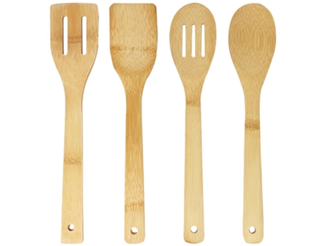 4 Utensílios de Bambu Elegantes e Resistentes: Colher de Madeira Espátula de Bambu Colher com Fenda Espátula com Fenda