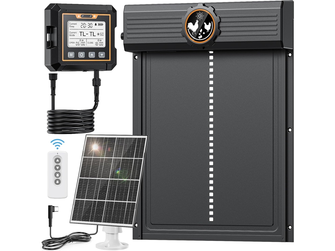 Porta automática grande para galinheiro com energia solar, controlador à prova d'água e sensor de movimento.