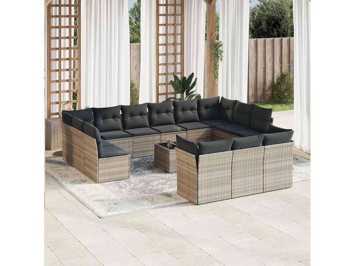 Vidaxl 14 Pcs Conj. Sofás Jardim Com Almofadões Vime Pe Cinzento-claro