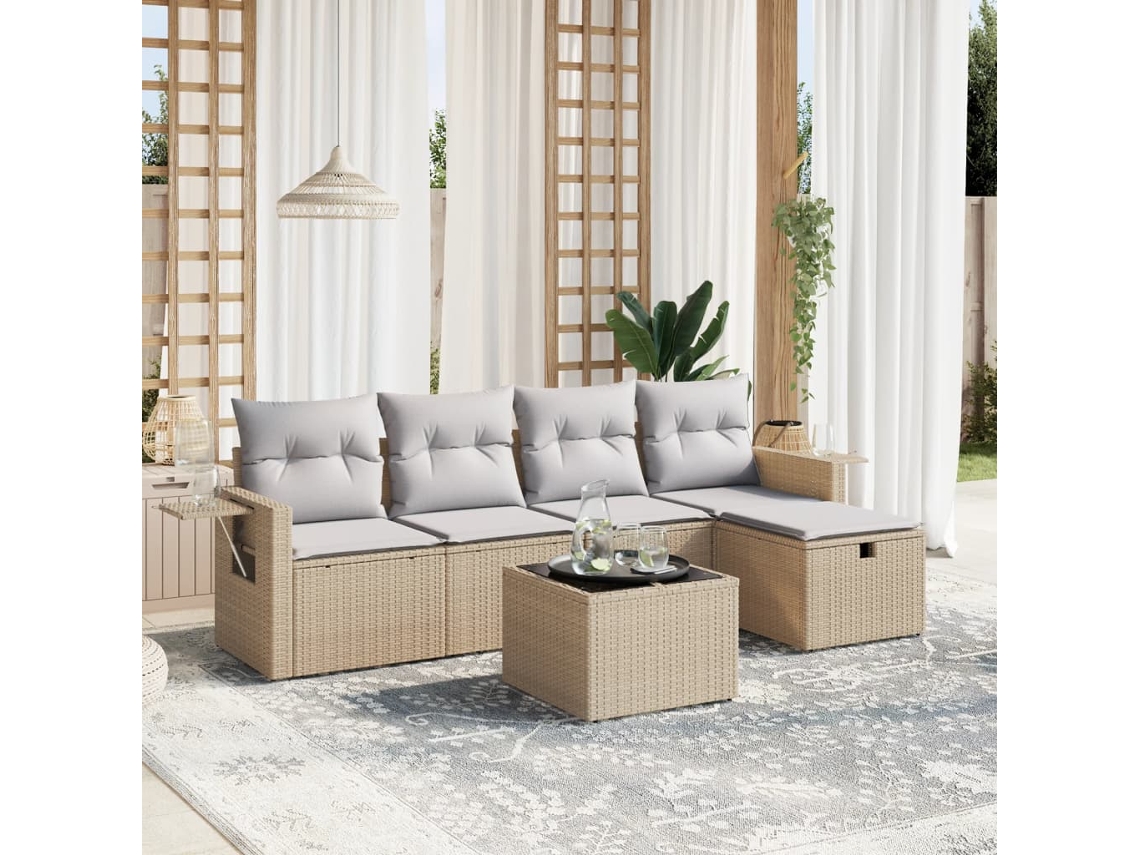 Vidaxl 6 Pcs Conj. Sofás Jardim C/ Almofadões Vime Pe Bege Misturado