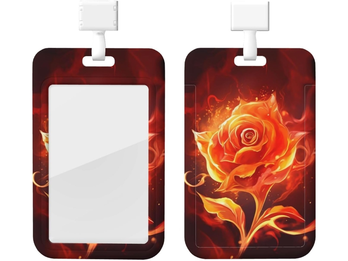 Porta Crachá Com Estampa De Rosa Flamejante, Cordão, Capa Plástica Impermeável, Estojo Protetor Crachá De