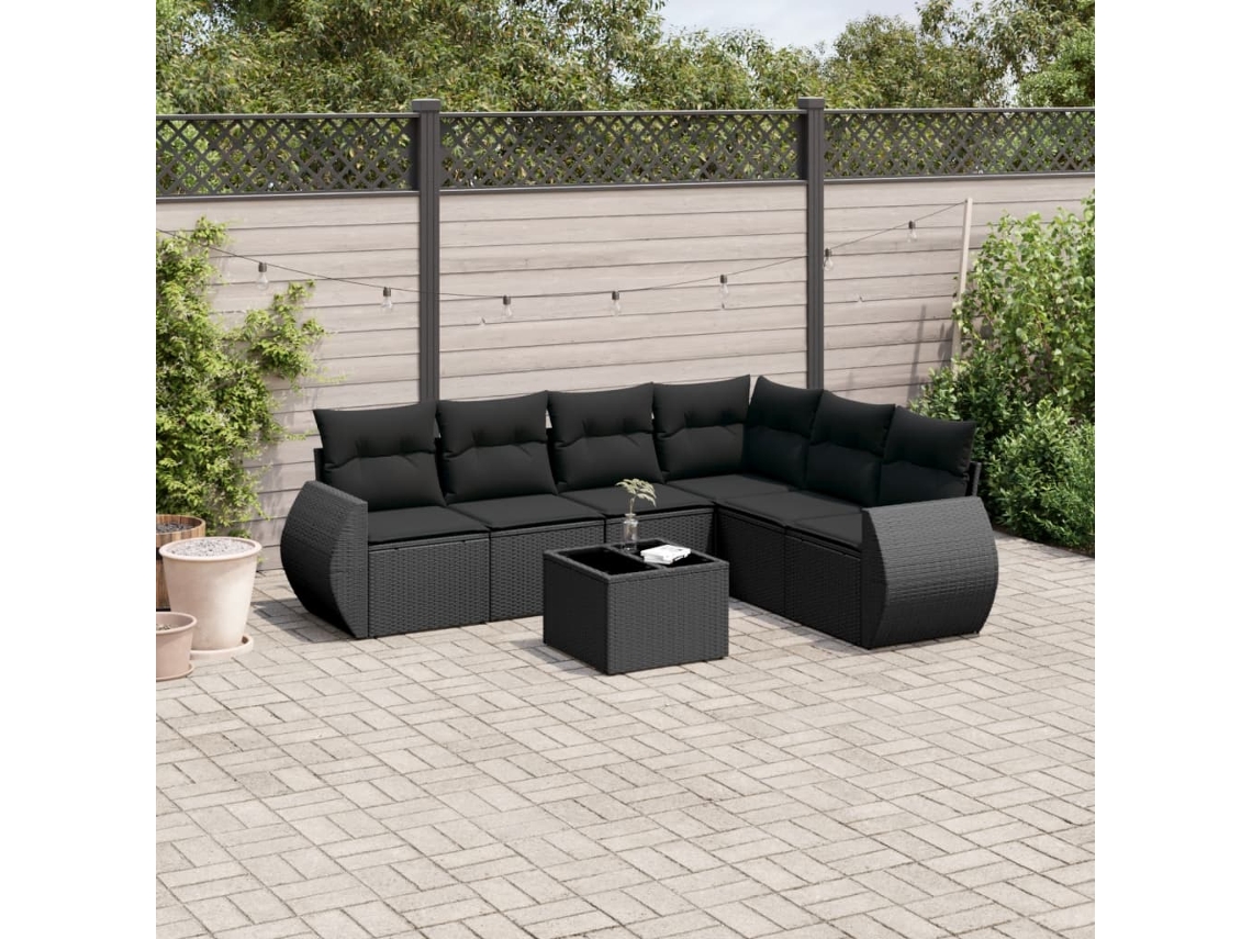 7 Pcs Conjunto De Sofás P/ Jardim C/ Almofadões Vime Pe Preto Dkd Home Decor