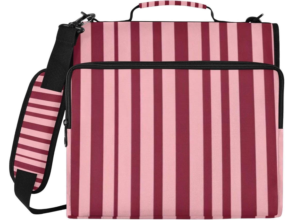 Pasta De 3 Argolas Listrada Em Rosa Bordô 1, 5 Polegadas Com Bolsos Extras E Alça, Bolsa De Armazenamento Portátil