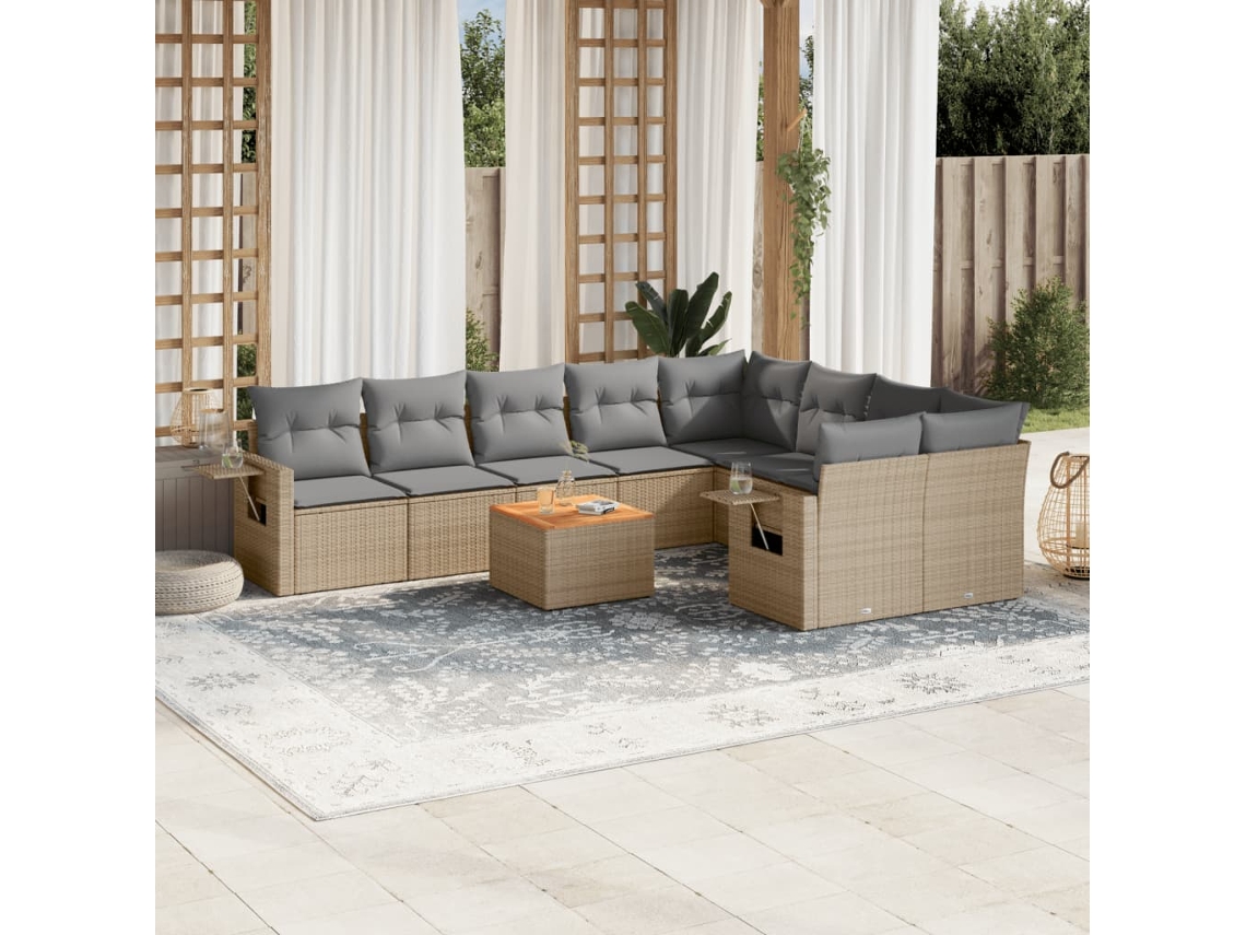Vidaxl 10 Pcs Conj. Sofás Jardim C/ Almofadões Vime Pe Bege Misturado