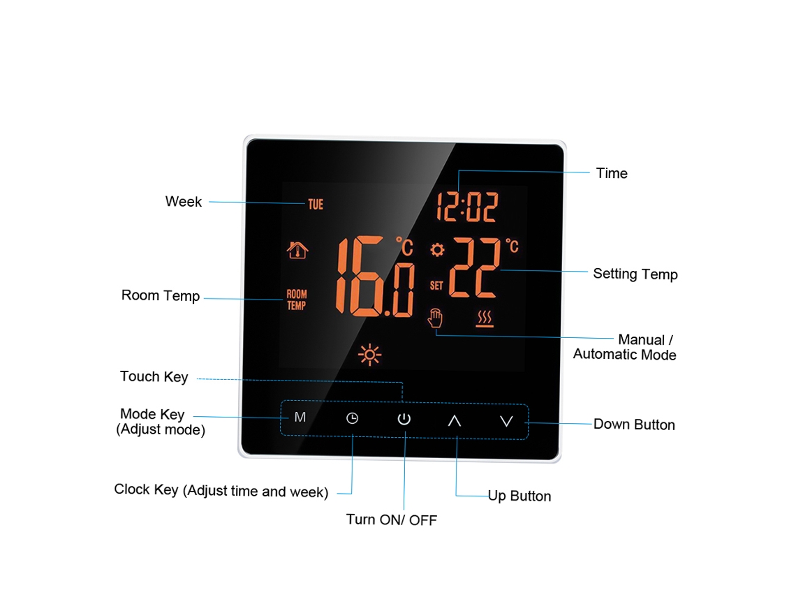 Termostato Digital Programável com Tela LCD Tática para Aquecimento Elétrico 16A | S/MARCA
