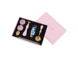 Kit de lacre de cera Rengue com bloco de madeira removível, cabeçote de lacre metálico e lata com acabamento em laca.
