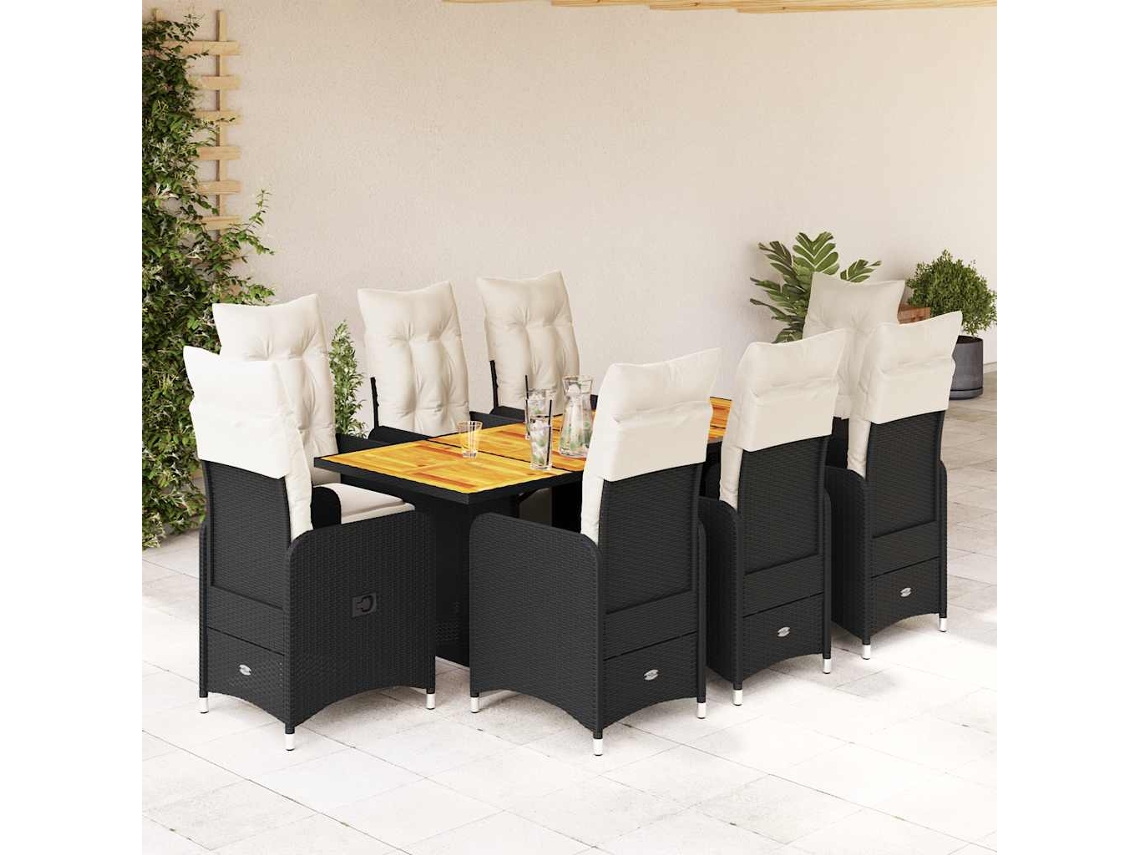 Vidaxl 9 Pcs Conjunto De Bistrô P/ Jardim C/ Almofadões Vime Pe Preto