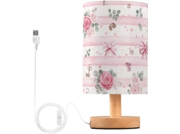 Abajur De Cabeceira Listrado Rosa E Branco Com Rosas Da Kcldeci Para Quarto, Fazenda Style, Mesa De Cabeceira