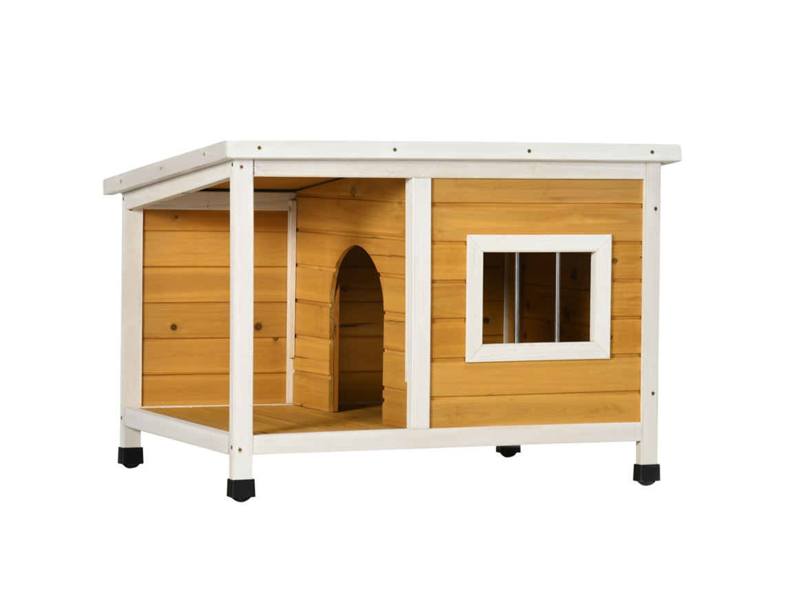 Casinha De Cachorro Com Varanda, Telhado Articulado, Janela, Pés Ajustáveis, Madeira Natural, Laranja, 85,5 X 62 X 60 Cm.
