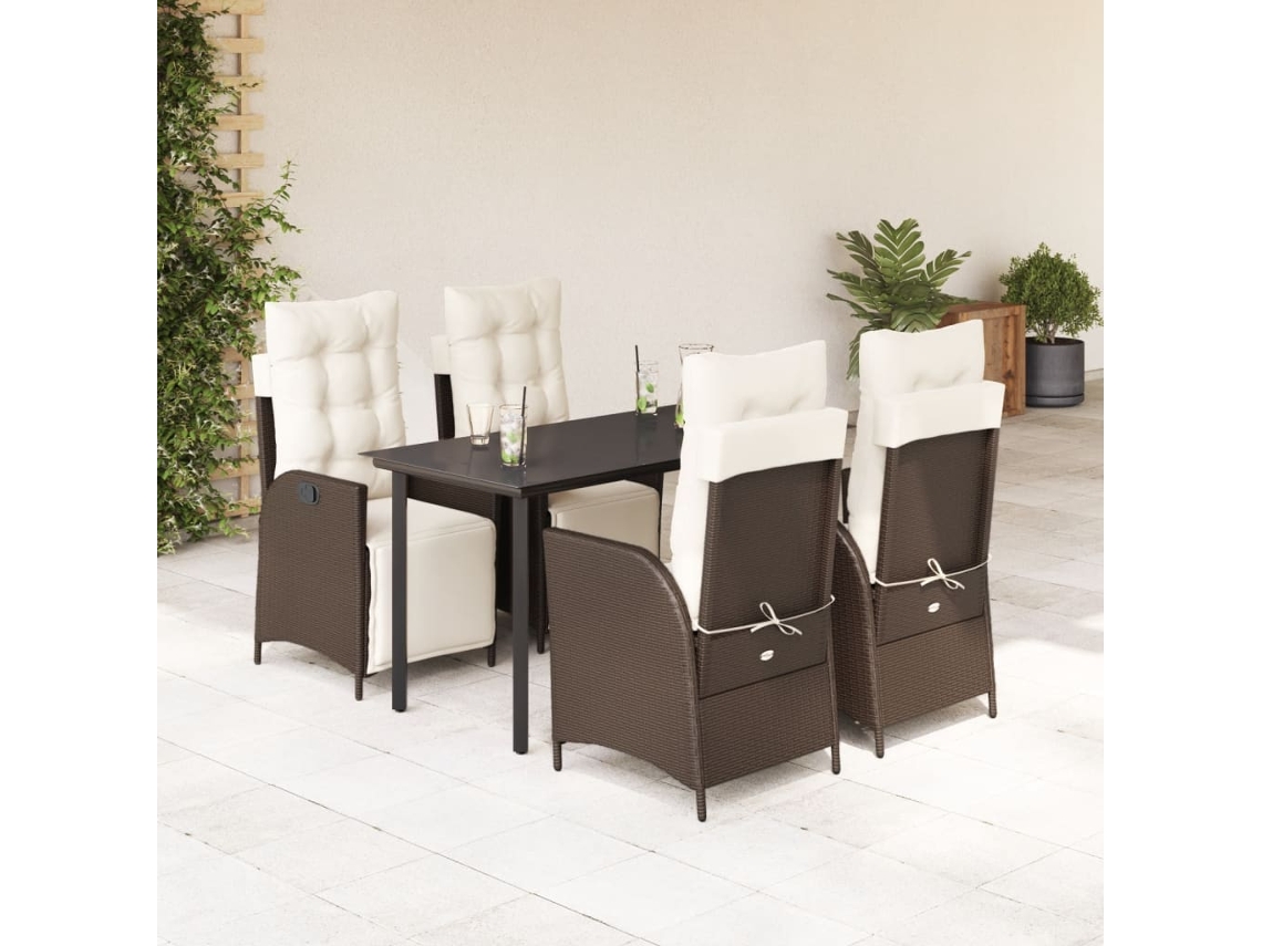 Vidaxl 5 Pcs Conjunto Jantar P/ Jardim C/ Almofadões Vime Pe Castanho