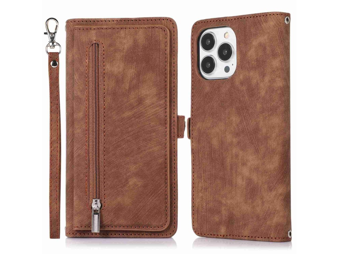 Capa Quedas Pega Para Iphone 14 Pro Pele Sintética Com Porta-cartões Castanho