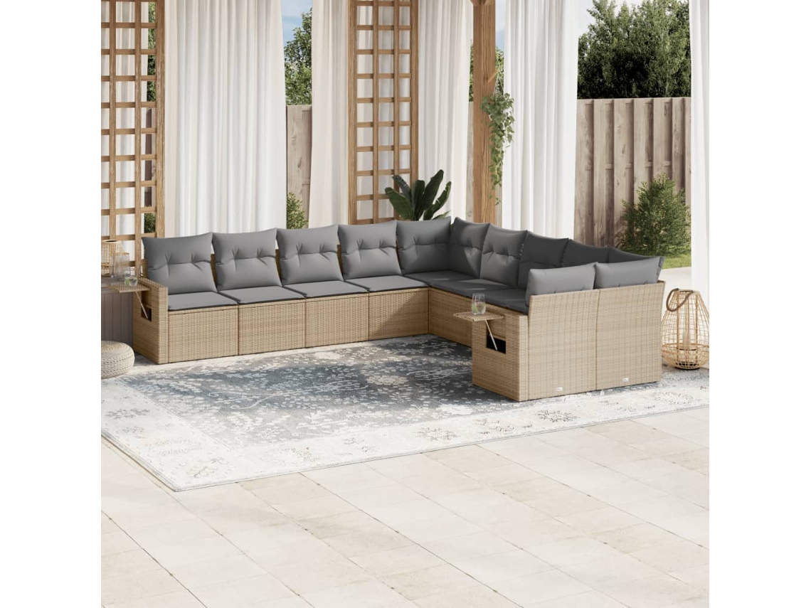 Vidaxl 10 Pcs Conjunto De Sofás P/ Jardim Com Almofadões Vime Pe Bege