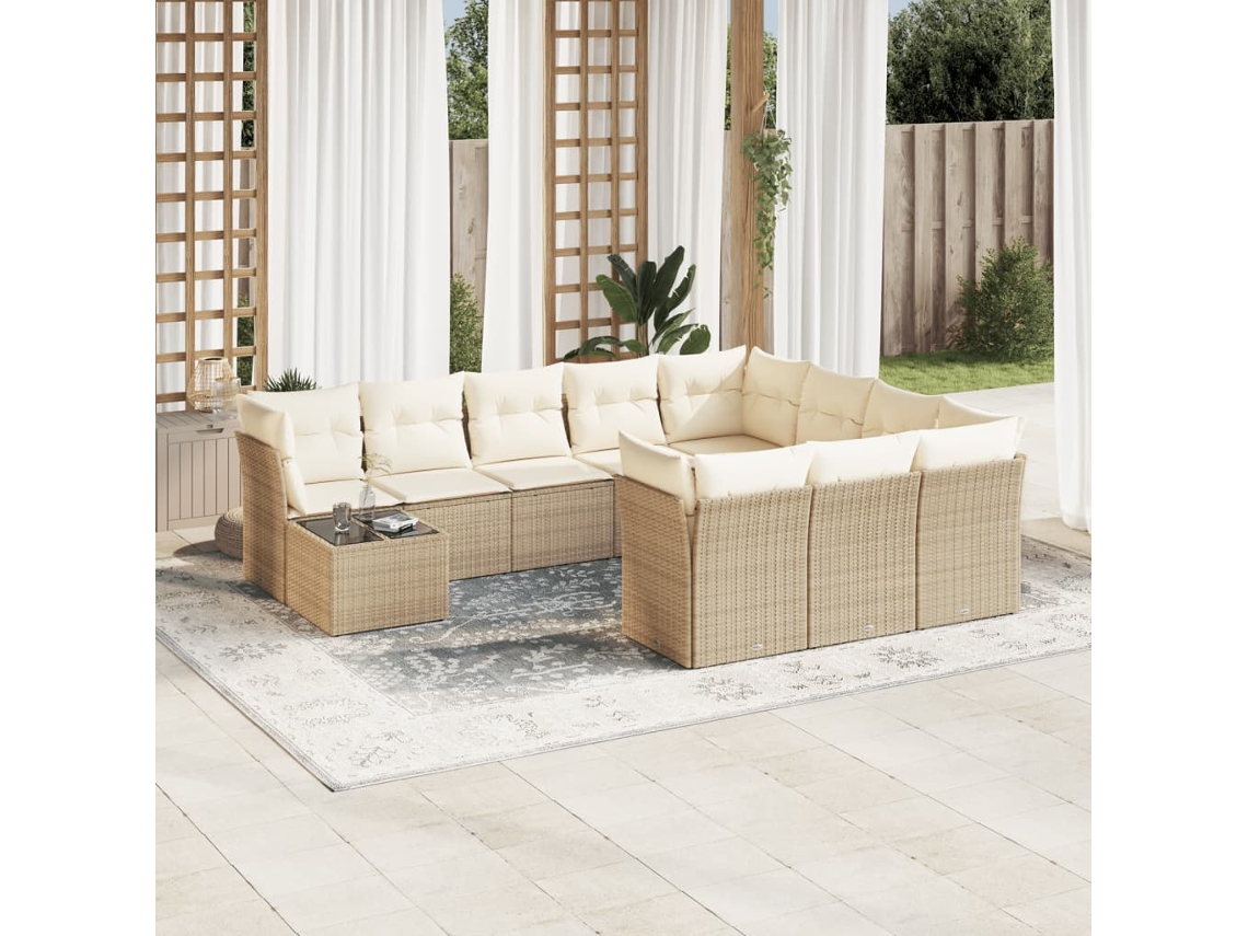 11 Pcs Conjunto Sofás De Jardim C/ Almofadões Vime Pe Bege Dkd Home Decor