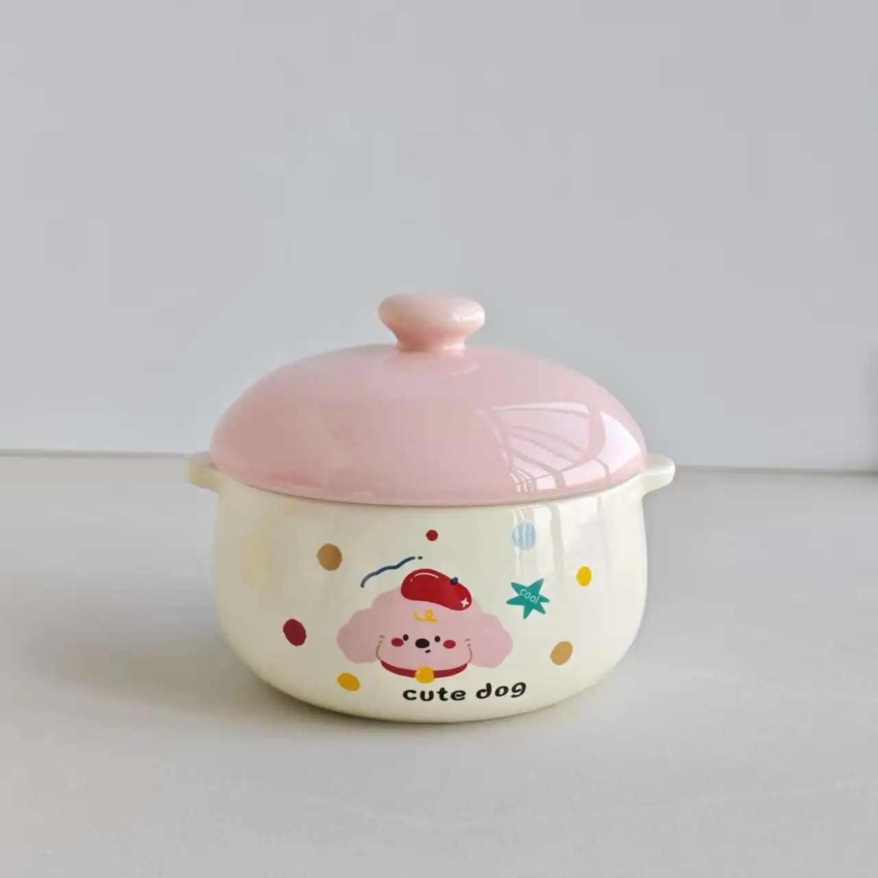 Tigela de Cerâmica com Tampa e Alça Dupla , Mini Tigela de Sopa com Desenho Animado Fofo MDUG (tomate Hot Dog 5 Polegadas)