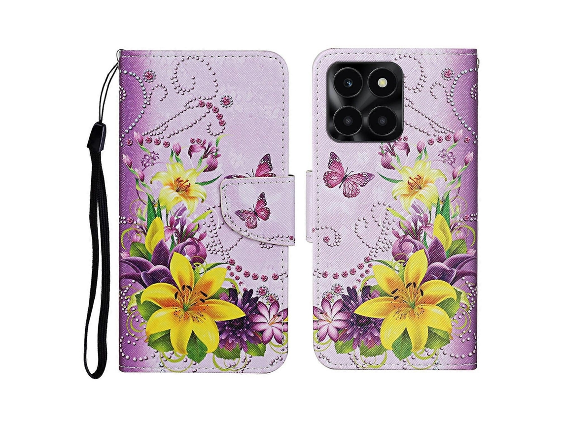 Capa Protetora Tkdaddy Para Honor X6c 4g X6b 4g X6a 4g X5b X5b Plus Com Estampa De Couro E Alça De Pulso, Borboleta Amarela
