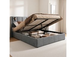Cama De Casal 160x200 Em Veludo Cinza Capitonada Com Coffre A Gás, Pregos De Latão, Luz Led Usb, Luxo Francês, Ideal Pequeno Apartamento