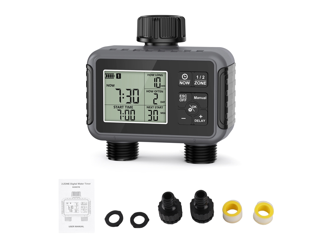 TEMPORIZADOR DE REGA JARDIM 2 SAÍDAS CONTROLADOR IRRIGAÇÃO AUTOMÁTICA ATRASO CHUVA IPX5 BATERIA LCD GRANDE UK S/MARCA