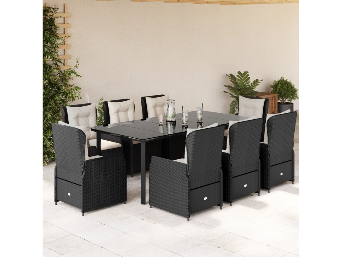 Conjunto 9 Peças Jantar P/ Jardim C/ Almofadões Vime Pe Preto Dkd Home Decor