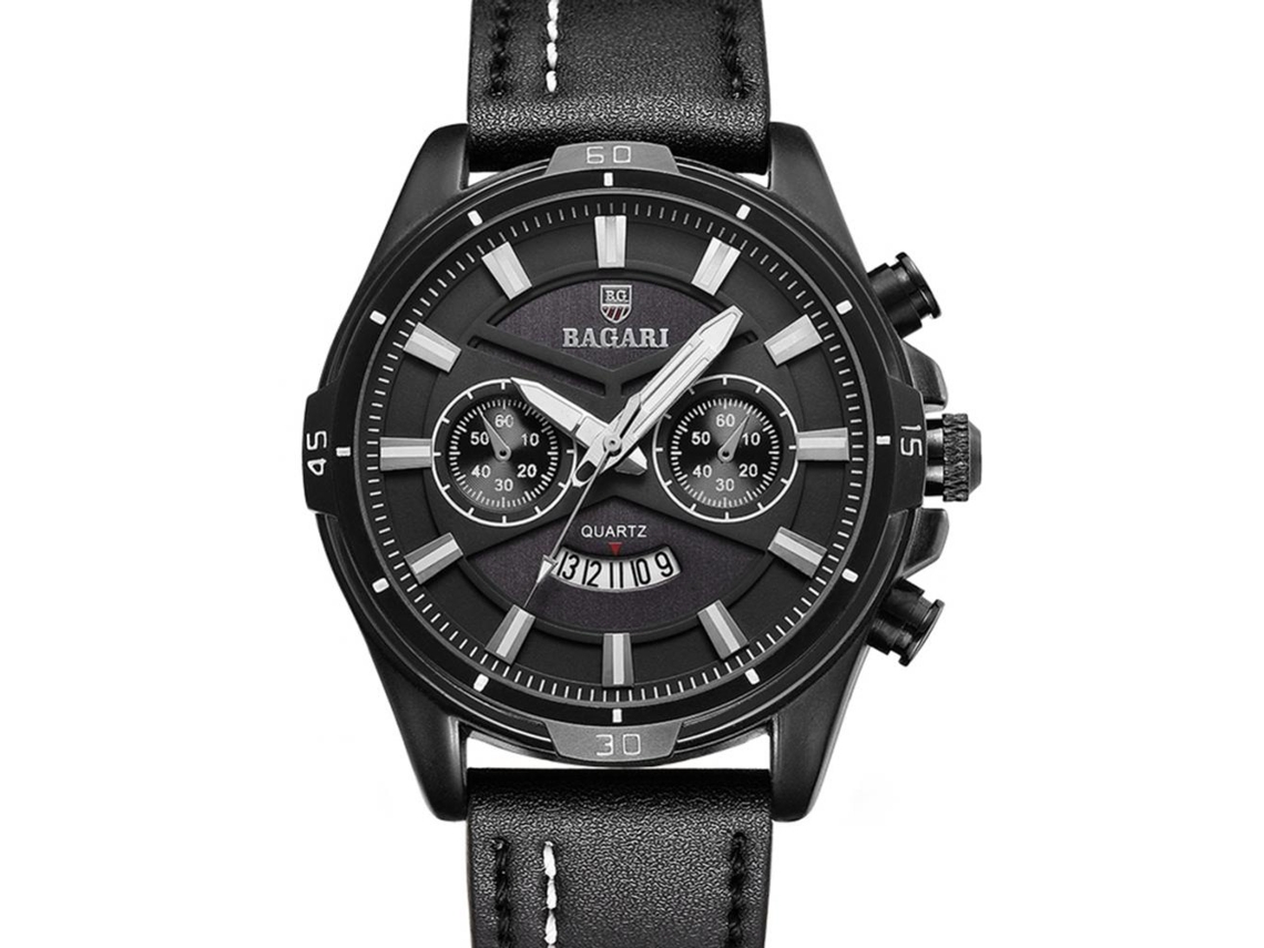 Reloj Hombre Bagari Luminous Quartz 3atm Resistente Al Agua Correa Cuero Pu Negro