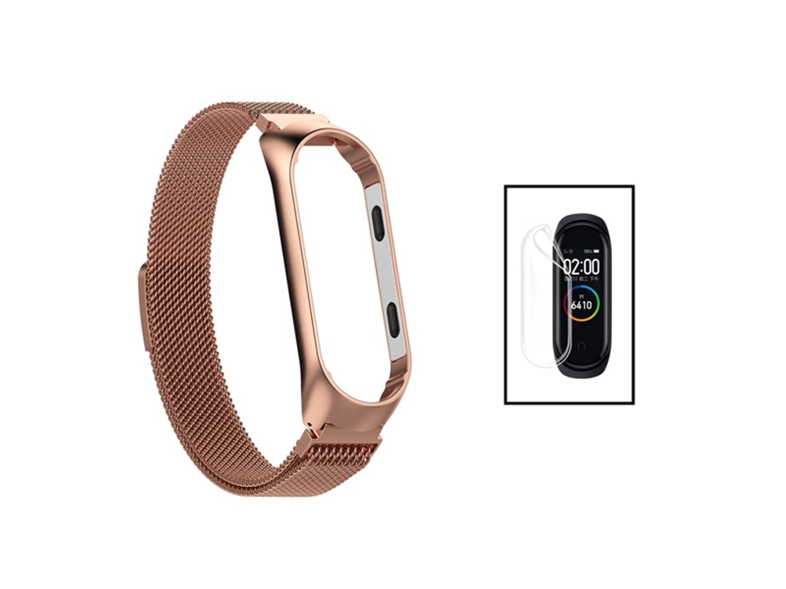 Kit Bracelete Milanese Loop Fecho Magnético + Película de Gel Full Cover para Xiaomi Mi Band 7 Rosa Ouro / Transparente