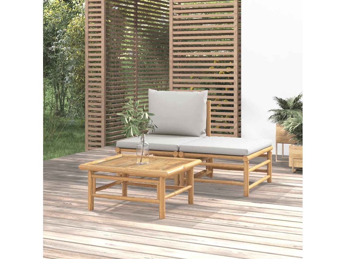 Vidaxl 3 Pcs Conj. Lounge De Jardim Bambu C/ Almofadões Cinzento-claro