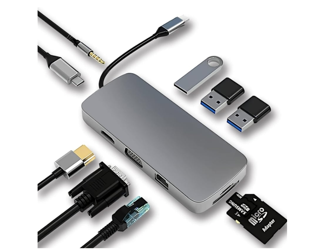 Adaptador Usb C 10 Em 1 Bx Com Hdmi 4k Vga Rj45 Ethernet Leitor De Cartão Sd/tf Entrada Aux De 3 5 Mm Cinza*