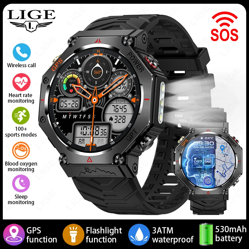 Smartwatch MDUG preto com Chamadas Bluetooth, Tela Sensível e IP68