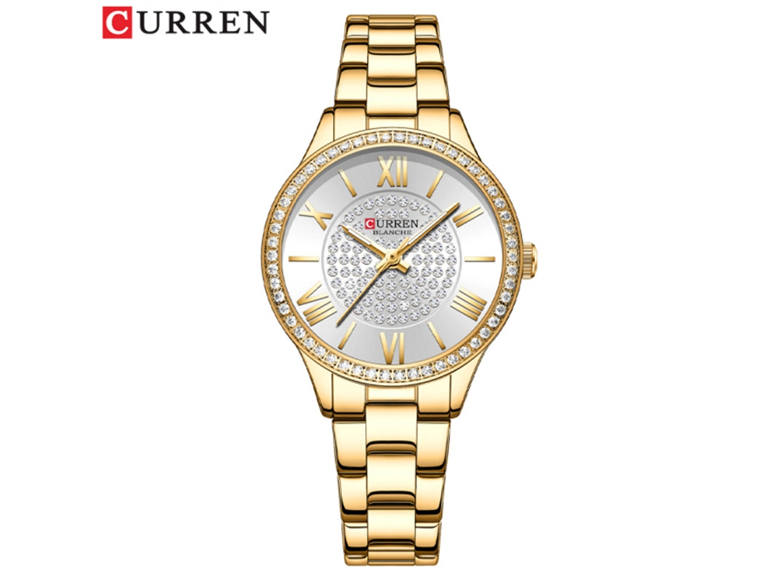 Relógio Moderno com Strass e Pulseira de Aço MDUG, Estilo Casual e Despojado (dourado e Branco)