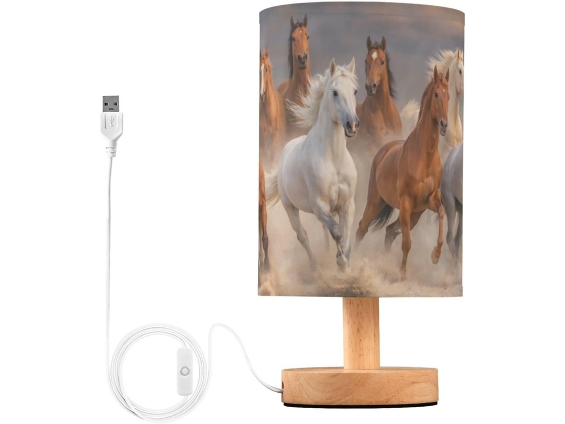 Abajur De Cabeceira Mnsruu Com Cavalo Marrom E Branco, Luminária De Mesa Led Com Cúpula Tecido, Luminária Pequena Para