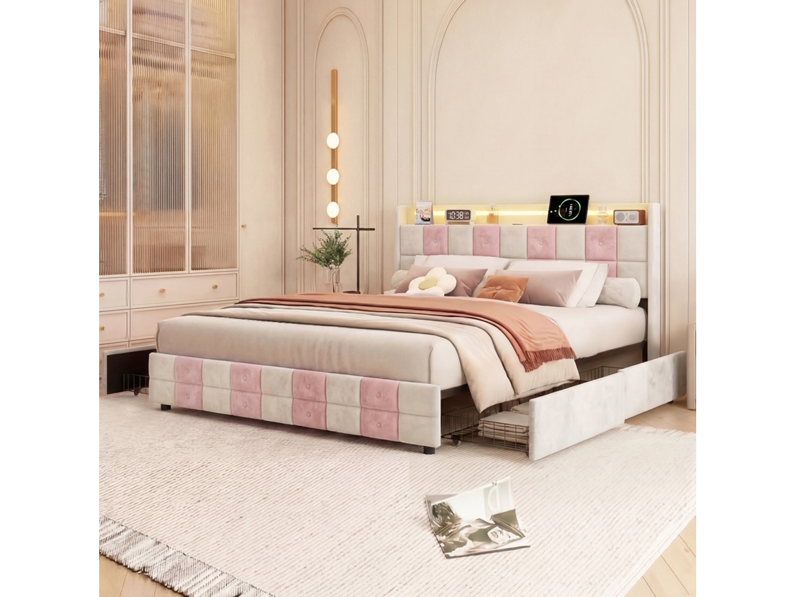 Cama Estofada Branca em Veludo 140x200, com 4 Gavetas, Estrado de Ripas e Cabeceira Multifuncional, para Casal e Juvenil, Sem Colchão BURSDANY