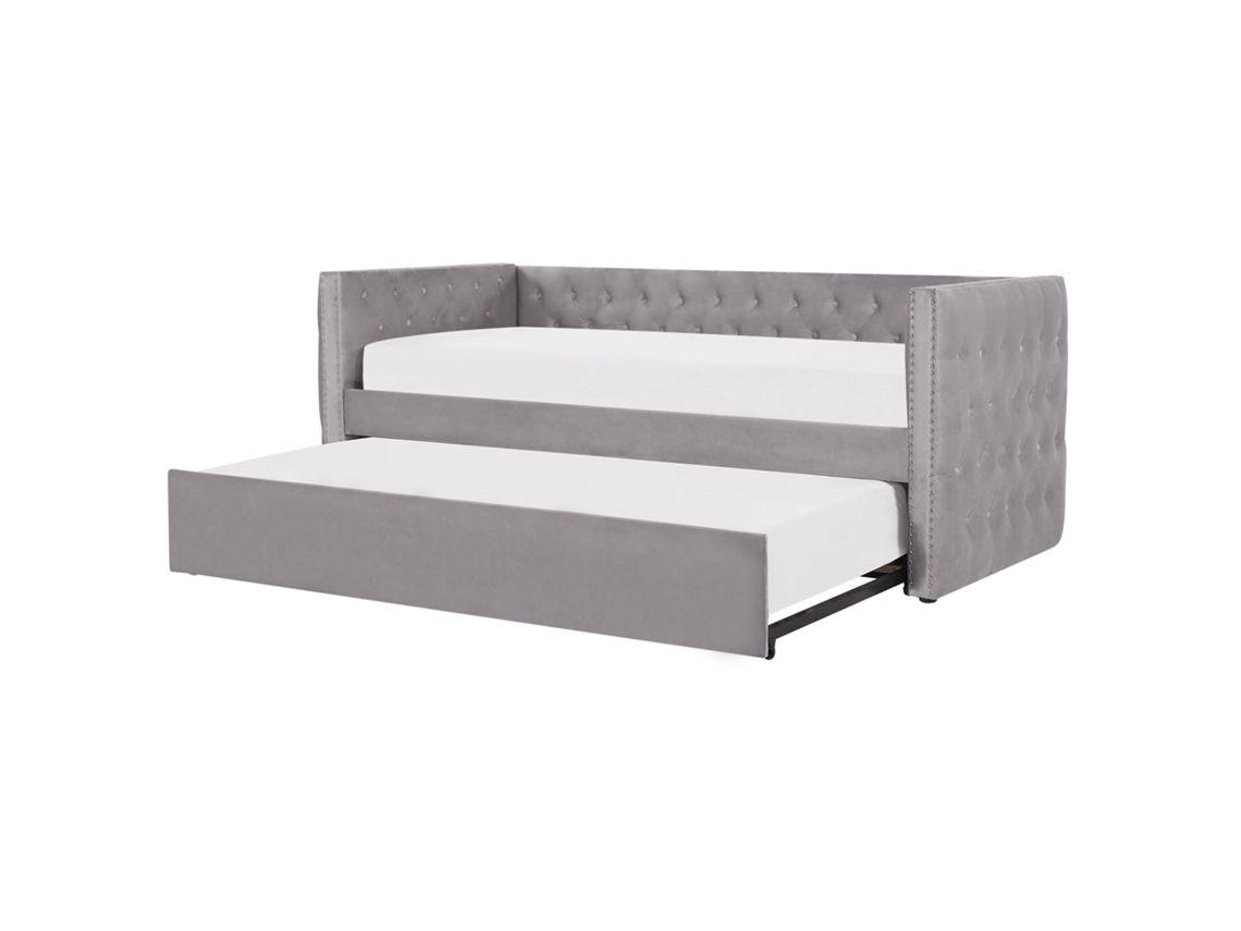 Cama Compacta Com Acabamento Capitoné Beliani Gassin De Veludo Cinzento 90x200