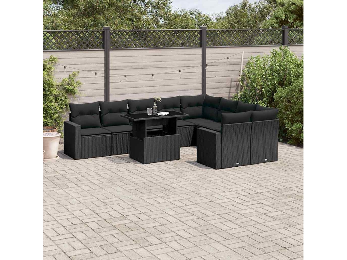 Vidaxl 10 Pcs Conjunto Sofás De Jardim C/ Almofadões Vime Pe Preto