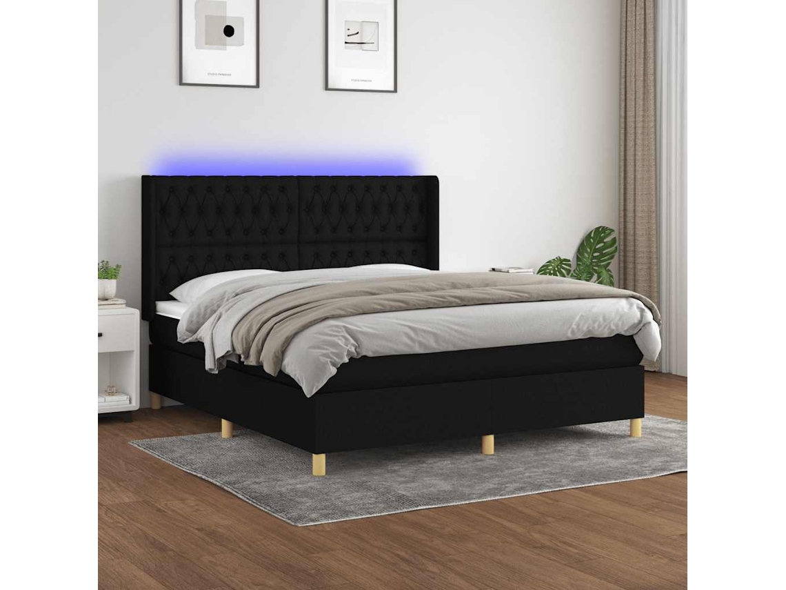 Vidaxl Cama Box Spring C/ Colchão E Led 180x200 Cm Tecido Preto
