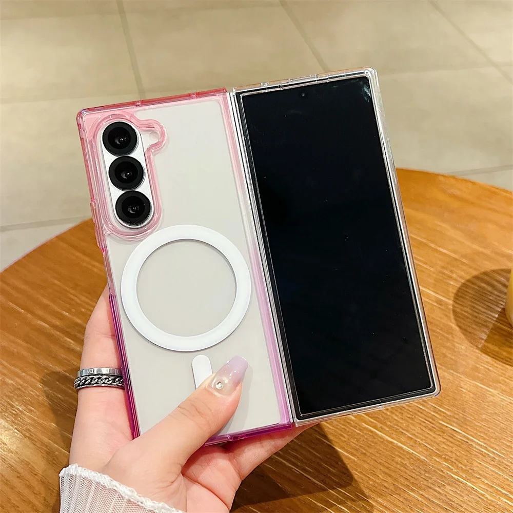 Capa Transparente Com Efeito Degradê (rosa, Galaxy Z Fold3 5g), Resistente A Quedas E Compatível Com Carregamento Sem Fio Magnético.