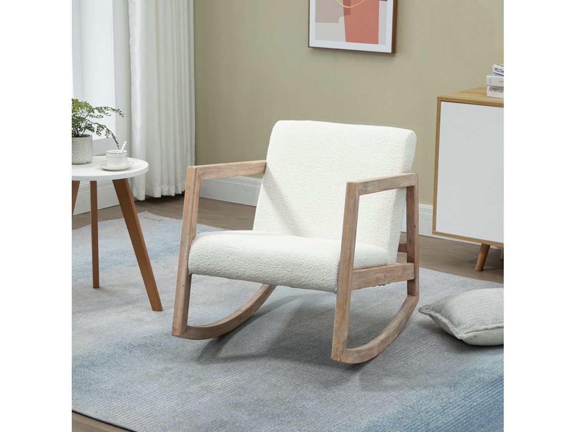 Cadeira Balanço Amamentação 60x81x71cm Tecido Lã Encaracolada Pernas Borracha Branco Creme