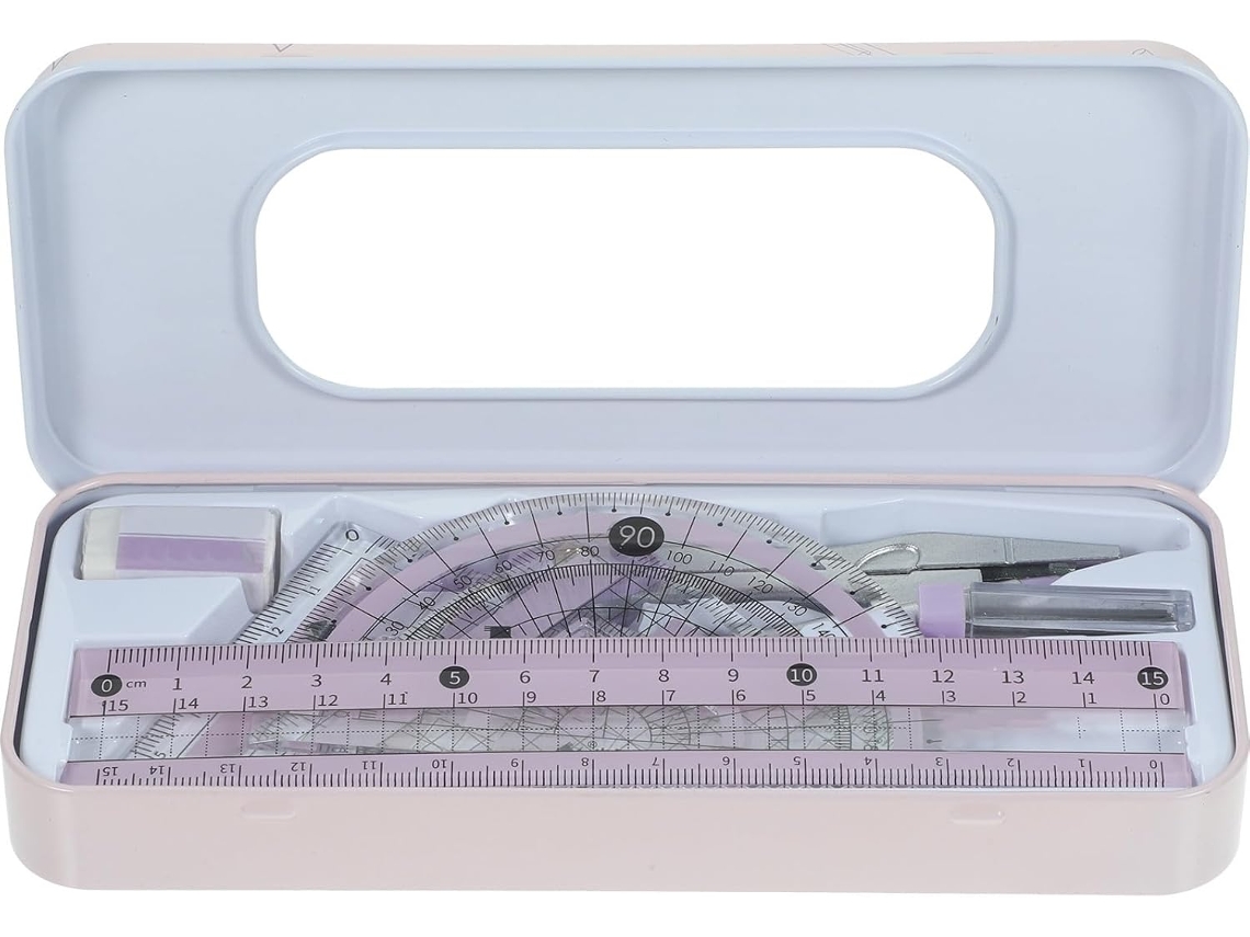 Conjunto de 7 peças de escrivaninha com régua triangular transparente e compasso de transferência, ideal para uso escolar e criativo.