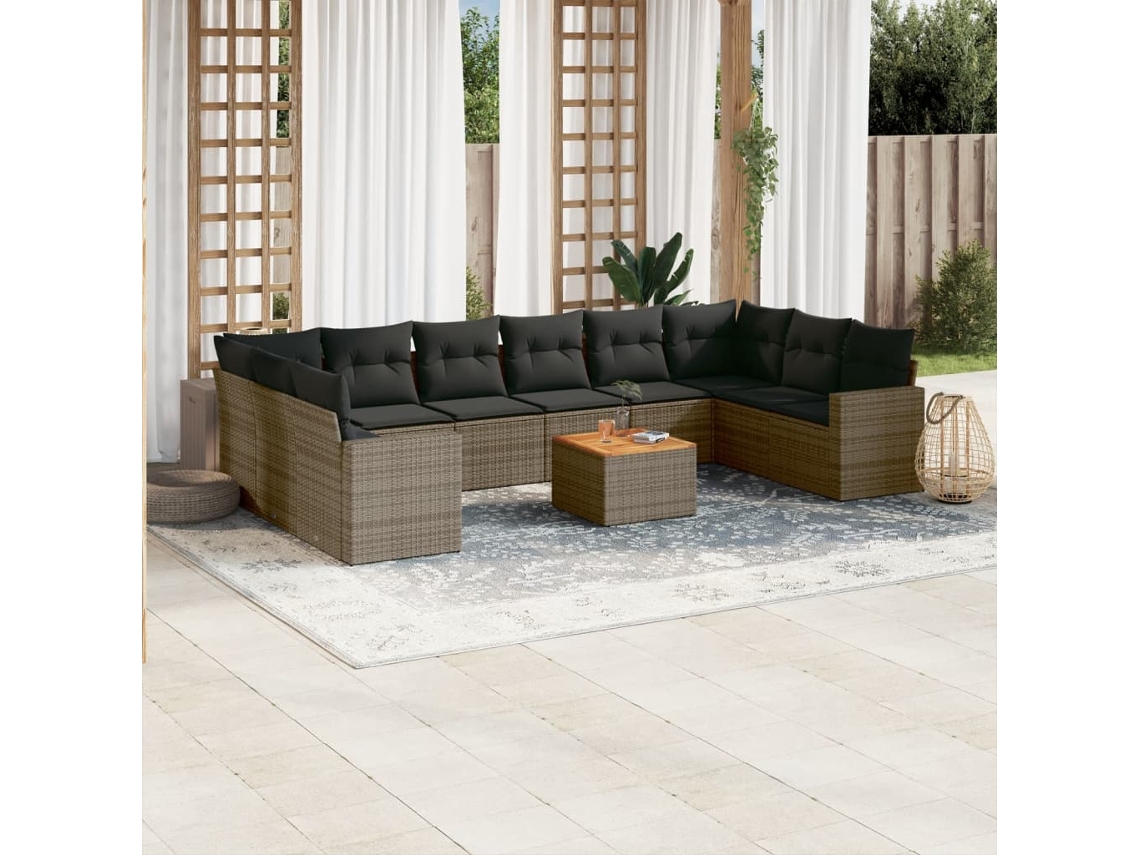 Vidaxl 11 Pcs Conjunto Sofás De Jardim C/ Almofadões Vime Pe Cinzento