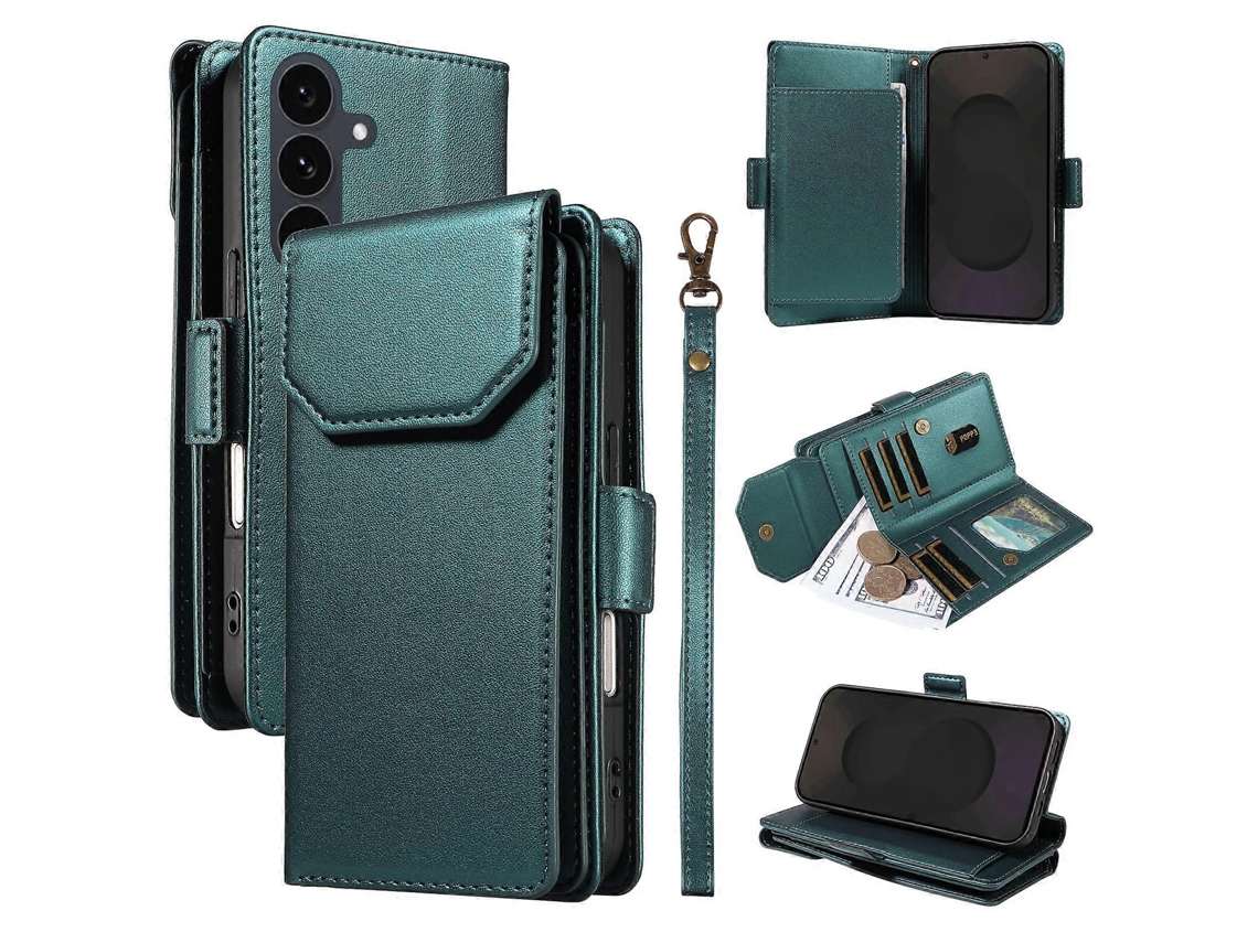 Capa Para Samsung Galaxy S25 Fe Com Suporte Para Vários Cartões E Alça De Couro Pu, Capa Para Celular Com Suporte Verde