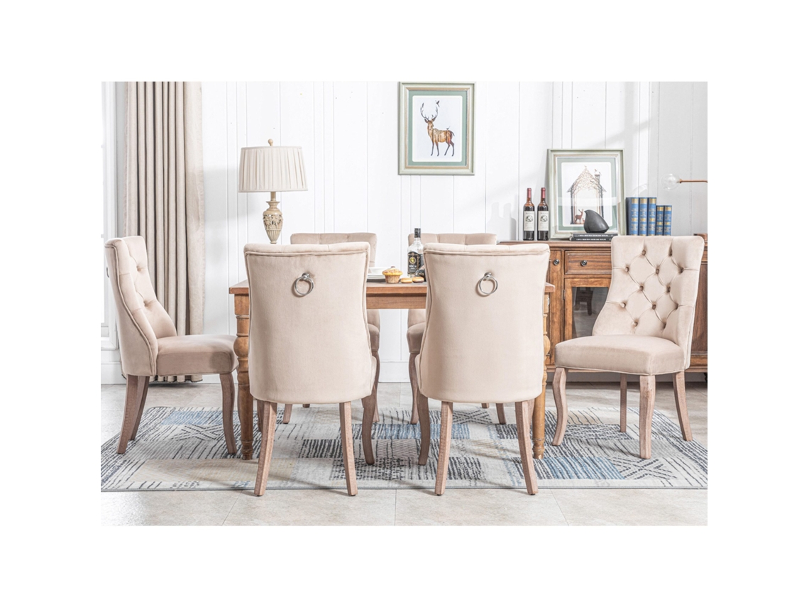 Conjunto De 6 Cadeiras De Sala De Jantar Em Veludo Acolchoadas Com Botões Bege Estilo