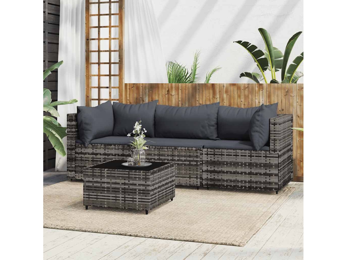 Vidaxl 4 Pcs Conjunto Lounge De Jardim C/ Almofadões Vime Pe Cinzento