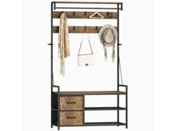 Cabideiro 6 Em 1 Com Sapateira, Estilo Industrial, 10 Ganchos, 2 Gavetas De Tecido, Metal, Marrom