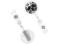 Chaveiro retrátil resistente, com espiral em formato de crânio humano em preto e branco, com clipes reforçados.