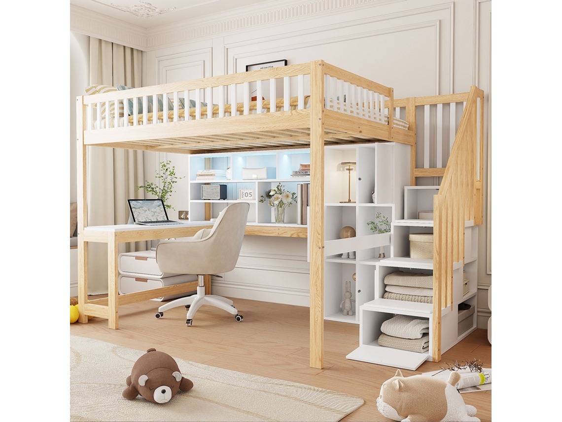 Cama Alta 140x200 Branca Led Escrivaninha Prateleiras VOLTEDGE