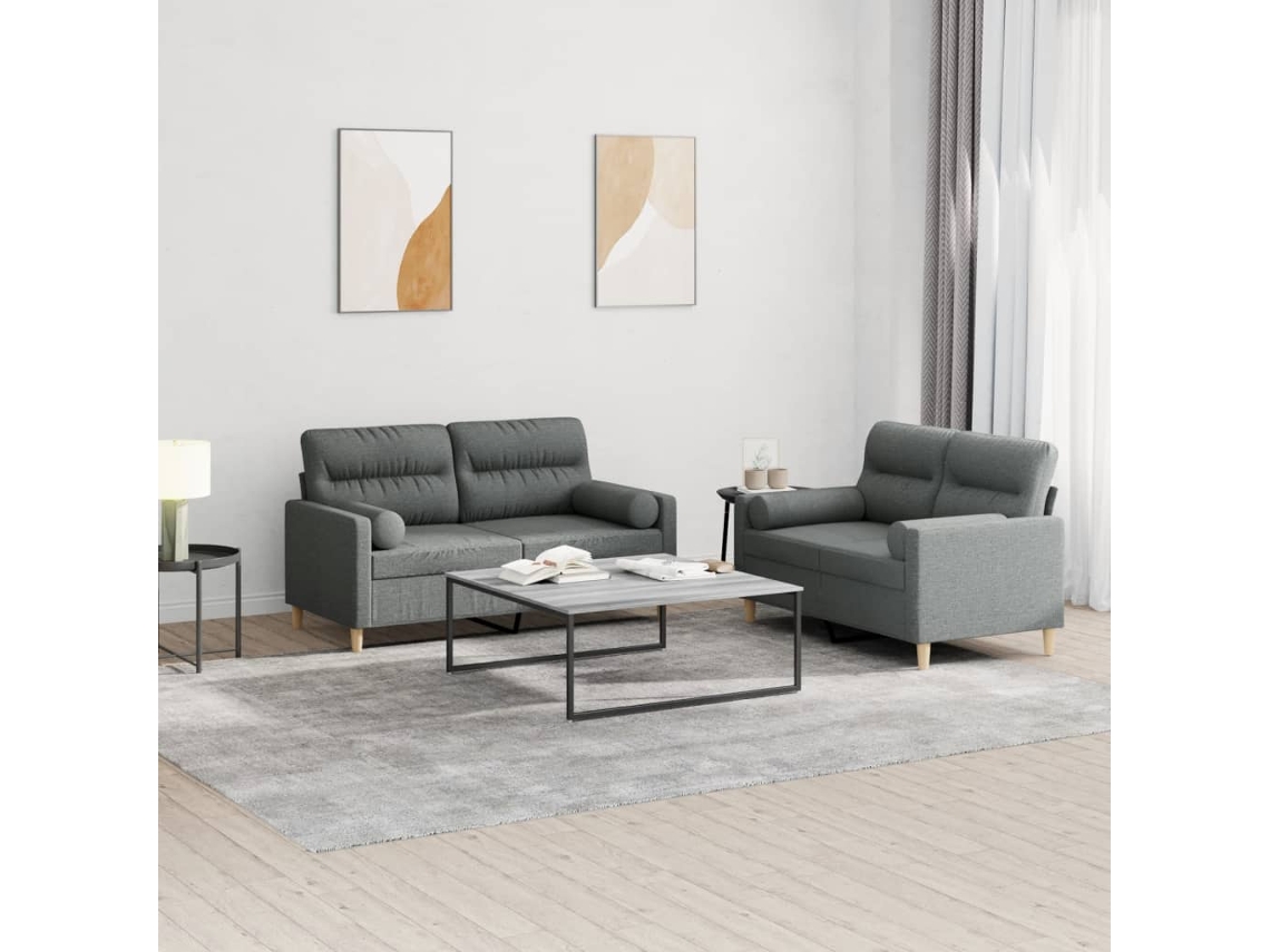 Vidaxl 2 Pcs Conjunto De Sofás Com Almofadas Tecido Cinzento-escuro
