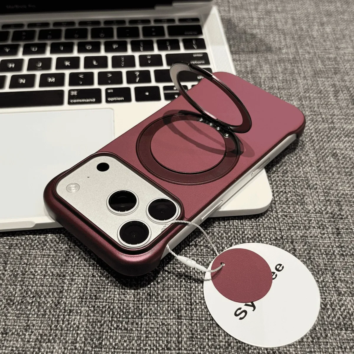 Capa Rígida Sem Moldura Em Couro Genuíno (lilás Para Iphone 15), Com Suporte De Anel Metálico E Magsafe.