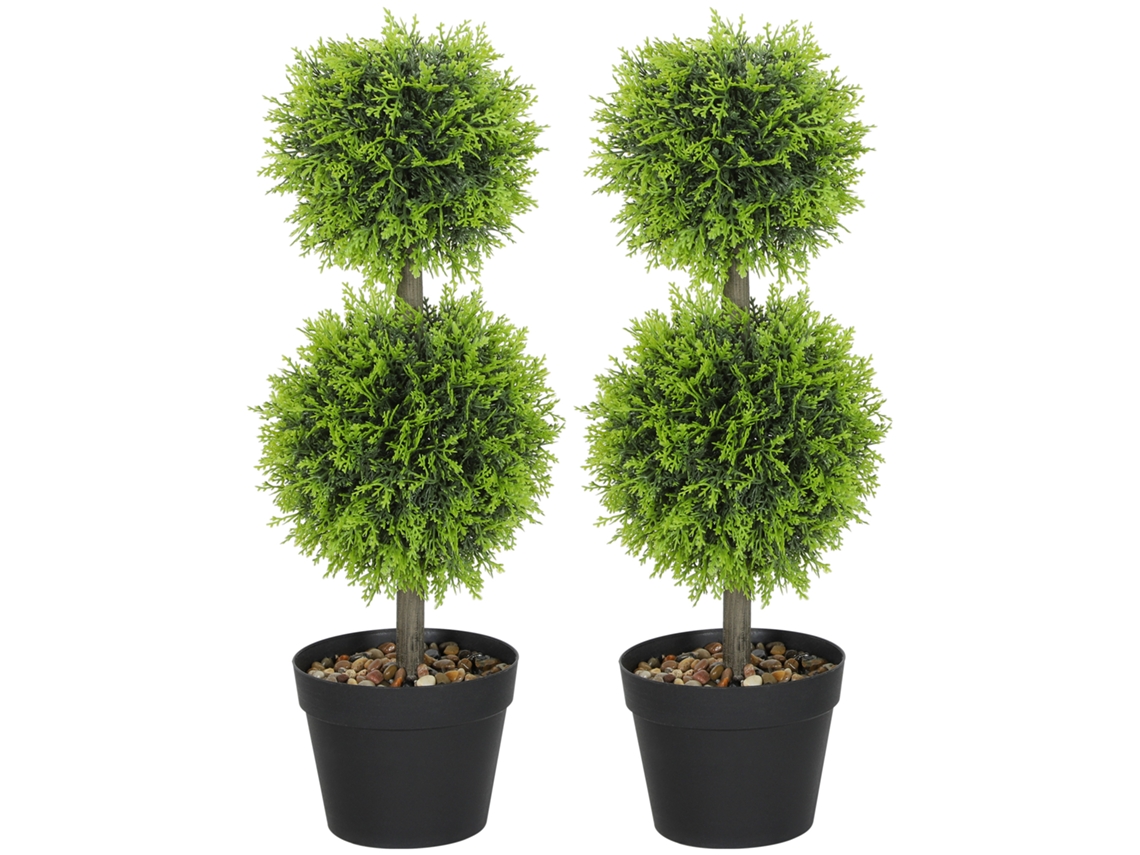 Conjunto 2 Plantas Artificiais Buxo 60cm Com Vaso Plástico, Decoração Em Tom Verde