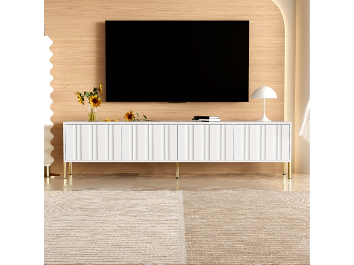 Armário de TV BTFORUS Branco (190x38x48 cm), Pernas Douradas, Portas com Design Ranhurado