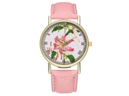 Relógio Zhoulianfa Unissex Rosa Floral com Pulseira em Couro PU e Movimento Analógico de Quartzo.