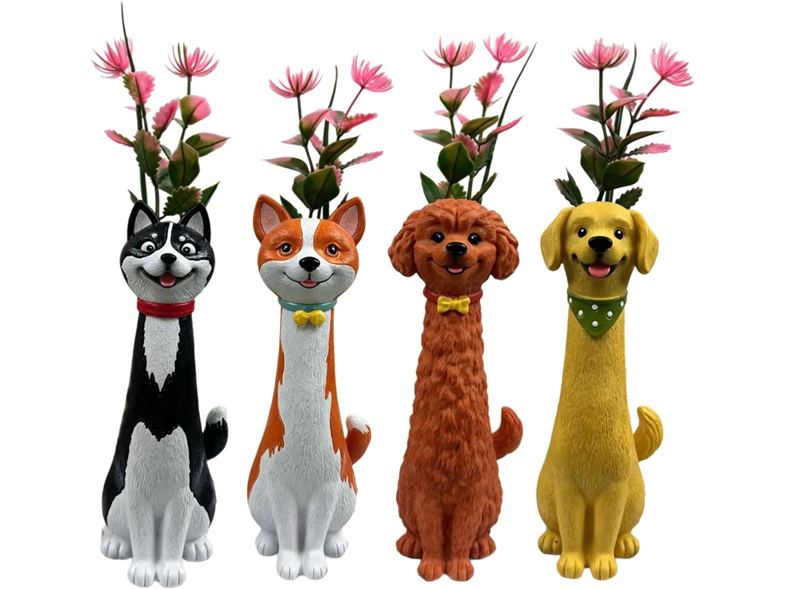 Suporte Artístico Para Estatueta De Cachorro Com Vaso De Flores Secas